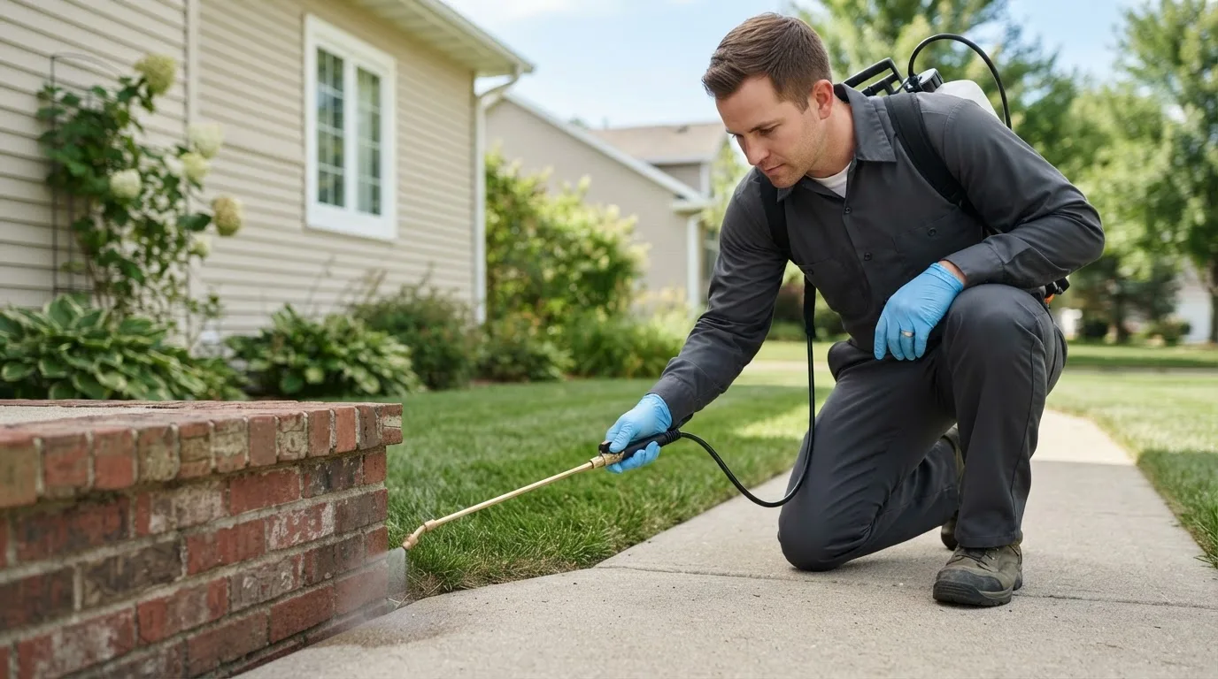 Pest control technician treating a home near Muncie, IL
